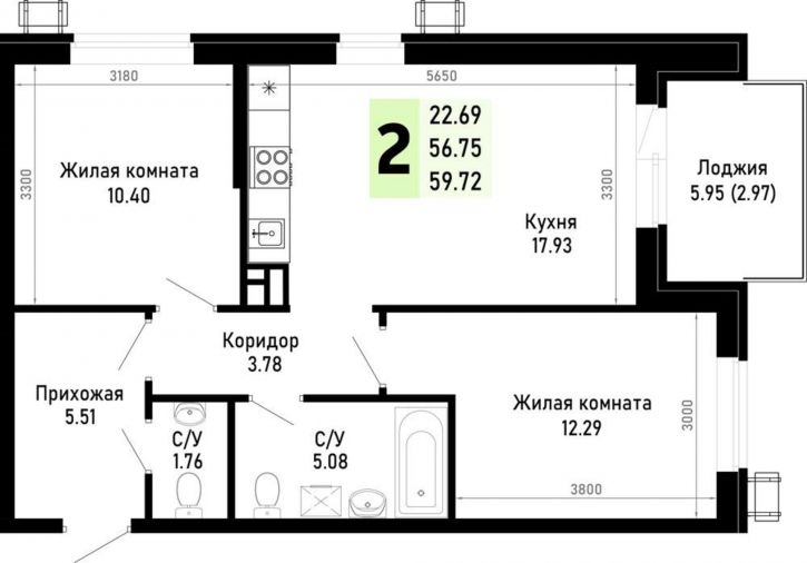 2-комн квартира в новом доме Николая Лебедева улица, д.1
