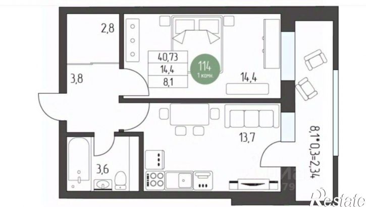 1-комн квартира улица Мичурина, 262,  д. 262