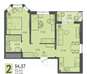 2-комн, 54 кв м, этаж 9/18 ЖК Тёплые Края