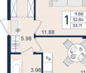 1-комн, 34 кв м, этаж 2/18 Краснодар