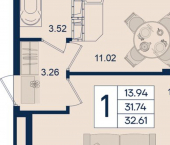 1-комн, 33 кв м, этаж 18/18 