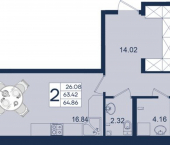2-комн, 65 кв м, этаж 2/18 Краснодар