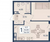1-комн, 36 кв м, этаж 5/18 