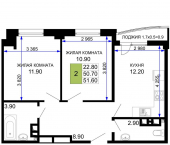 2-комн, 51.35 кв м, этаж 8/9 Межсанаторный проезд, д.20 литера 4