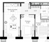 2-комн, 54 кв м, этаж 2/9 улица имени Генерала Брусилова, 5лит1.3