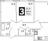 3-комн, 73кв м, этаж 4/16 Краснодар, улица Ивана Беличенко, 92к4