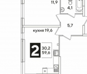 2-комн, 59кв м, этаж 2/16 Краснодар, улица Западный Обход, 39