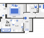 2-комн, 58кв м, этаж 7/7 Спортивная улица, 2А