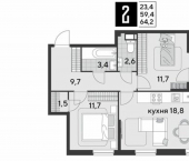 2-комн, 64 кв м, этаж 15/18 Садовая улица, 34