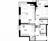 2-комн, 64 кв м, этаж 15/18 улица имени Героя Пешкова, 4 к3