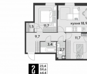 2-комн, 64 кв м, этаж 7/18 улица имени Героя Пешкова, 4 к3