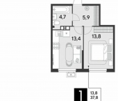 1-комн, 38 кв м, этаж 6/18 Садовая улица, 23