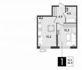 1-комн, 37 кв м, этаж 6/9 Краснодар, улица Героя Пешкова, 8