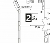 2-комн, 47 кв м, этаж 14/16 Краснодар, улица Ивана Беличенко, 91