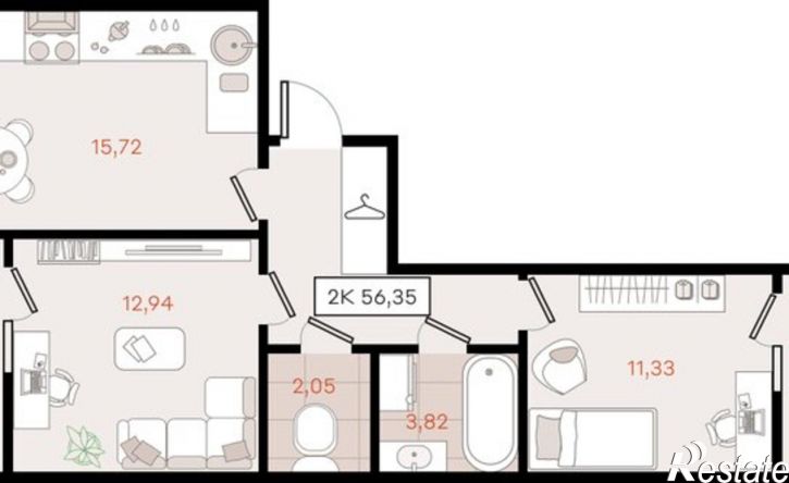 2-комн квартира в новом доме Динской район, Южно-Кубанское сельское поселение, посёлок Южный, коттедж
