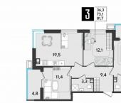 3-комн, 82кв м, этаж 3/9 улица Западный Обход, 4 к1