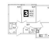 3-комн, 73 кв м, этаж 5/16 улица Ивана Беличенко, 91