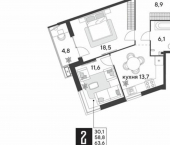 2-комн, 64 кв м, этаж 2/18 улица Западный Обход, 2 к2
