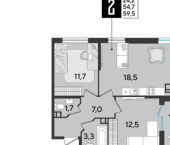 2-комн, 60 кв м, этаж 8/18 улица Героя Пешкова, 6