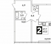 2-комн, 63 кв м, этаж 16/16 ул им. Ивана Беличенко, 103