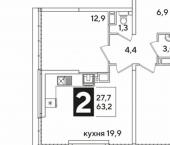 2-комн, 63 кв м, этаж 16/16 улица Западный Обход, 43